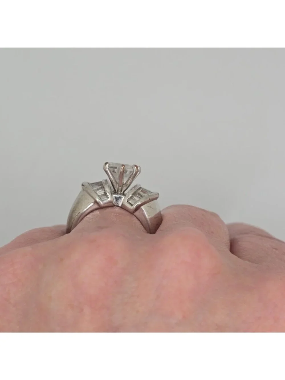 Vintage Silver-Tone Cocktail Ring Large Clear Center Stone Baguette Accents Size